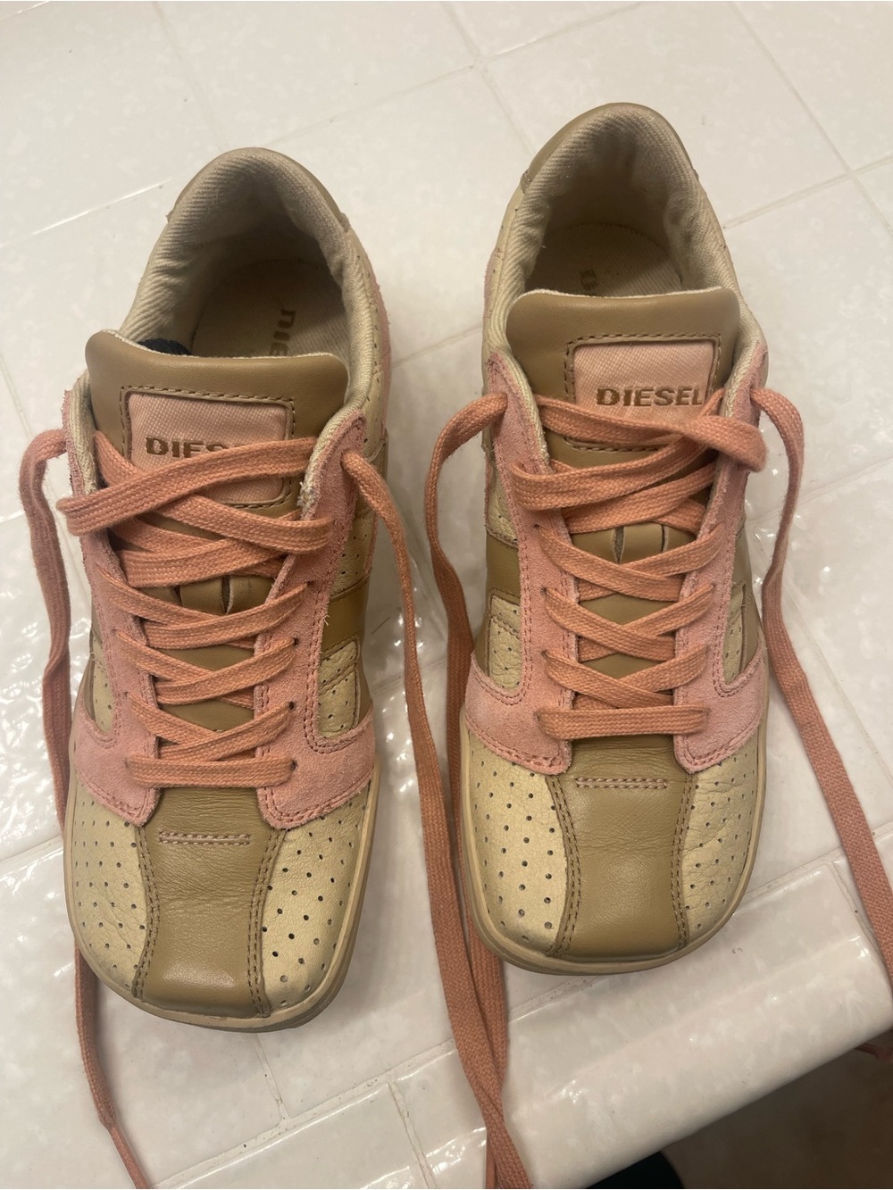 Diesel Clarita Leather Sneakers Pink Beige Suede Lace-Up Shoe